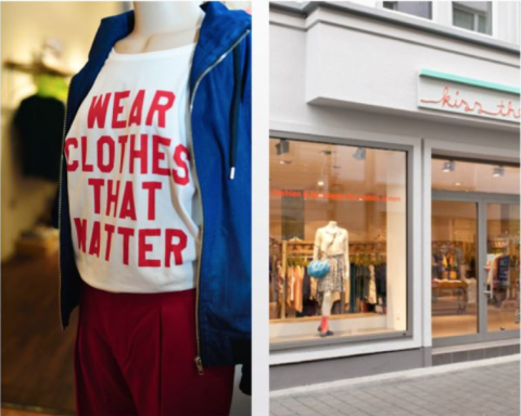 T-Shirt mit Aufdruck „wear clothes that matter“ und Schaufenster von „kiss the inuit“