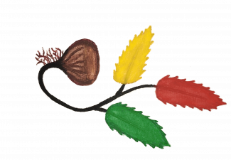 Logo: ein Trieb mit einer Kastanie (?) und drei bunten Blättern